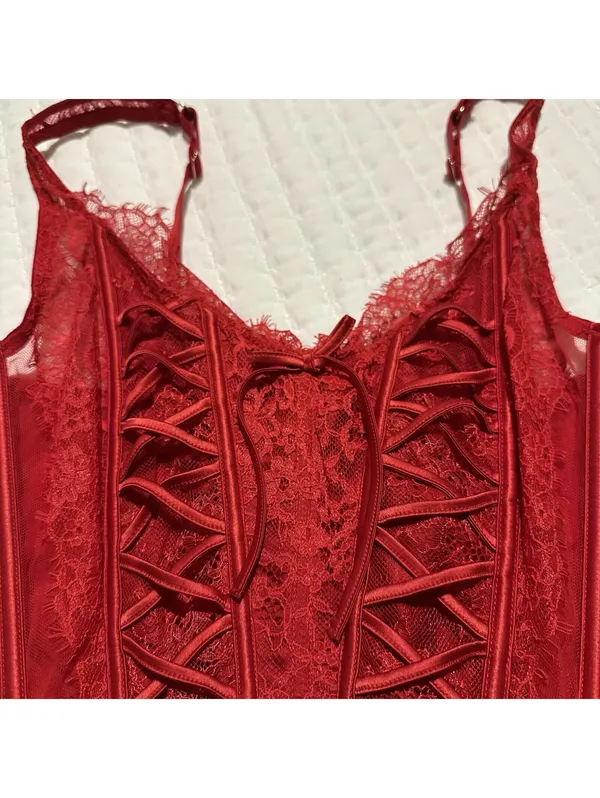 Victoria’s Secret Dream Angels Red Corset Bustier Long Line Bra Lace Sz M - DD - Image 2