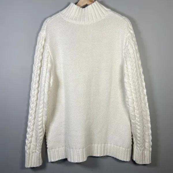 Cable-Knit Ivory‎ Mockneck Cotton Blend Fisherman Sweater Size M Neutral Minimal - Image 6