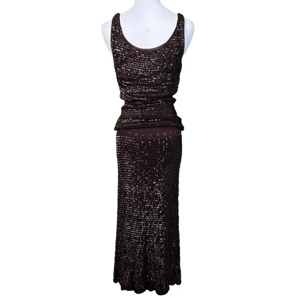 Vtg Chetta B Sequin Crochet Knit 2 Piece Skirt Set Sz M/L Dark Brown 90s Glam - Image 5
