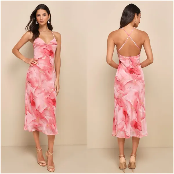 LULU’S Bright Charm Pink Abstract Pink Chiffon Slip Midi Dress - Image 2
