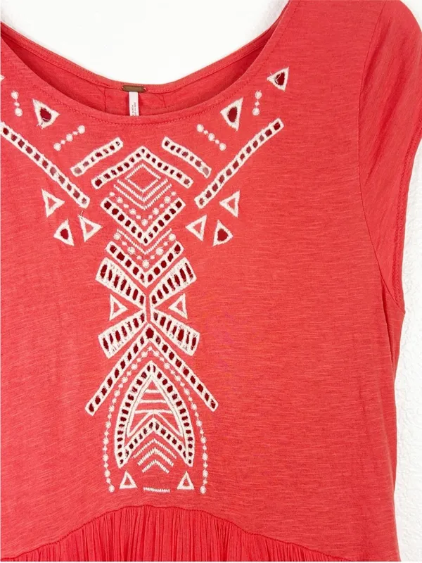 Free People cotton boho Meadows Toosaloosa Slub gauzy embroidered dress coral SZ - Image 4