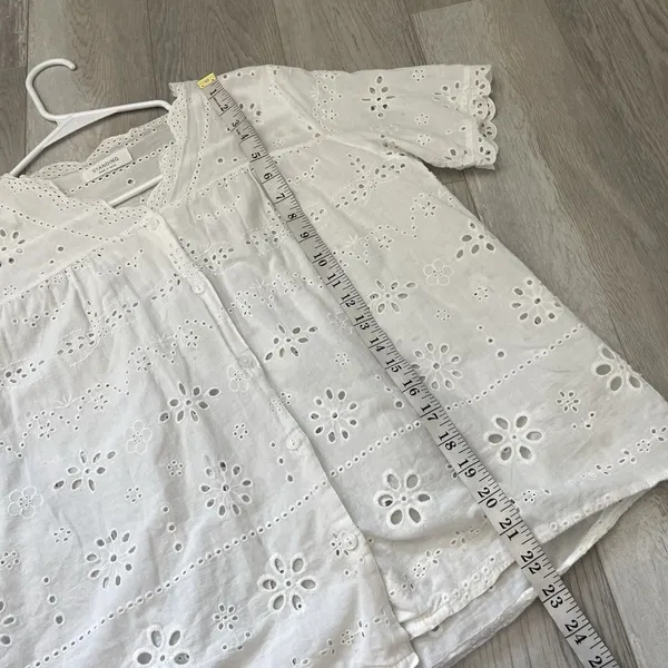 Eyelet Button Up Top short sleeve crop womens White medium boho euro cottagecore - Image 6