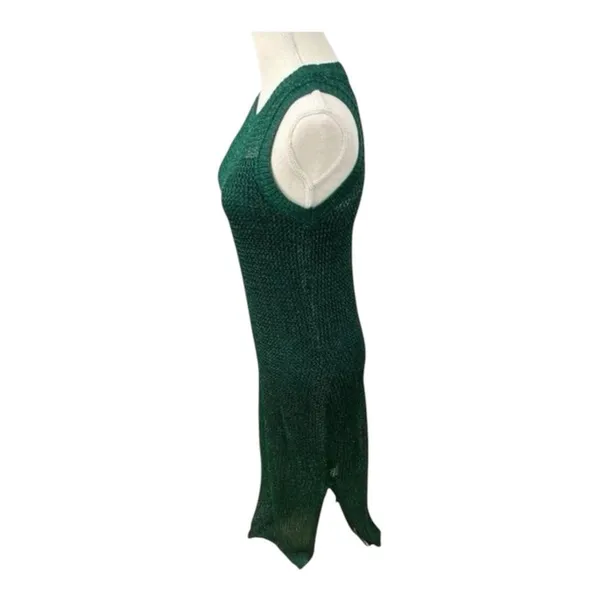 Metallic Green Mesh Midi Dress Size XS Bodycon Crochet Dress Sleeveless - Image 6