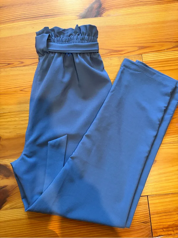 Grace Karin Slate Blue Paperbag Waist Straight-Leg Pants Size S - Image 6
