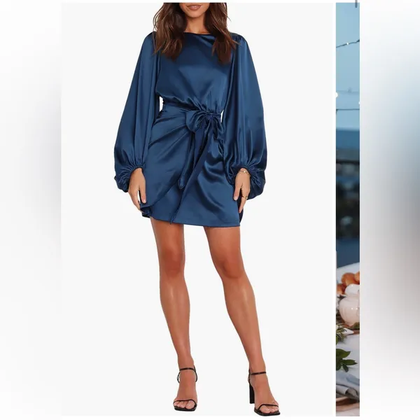 Petal & Pup Opal Tie Waist Long Sleeve Satin Minidress - Image 3