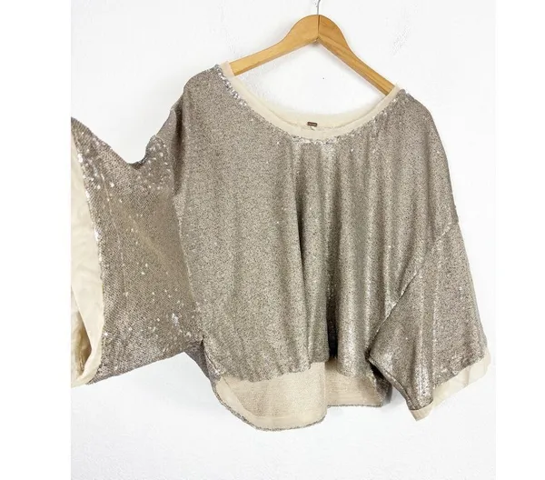 Free People Champagne Dreams Tee Small Neutral Gold Sequin Oversized Cropped - Image 11