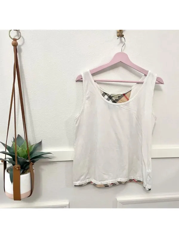 Burberry Brit Check Trim Stretch Cotton Jersey Knit White Tank Top Size L - Image 2