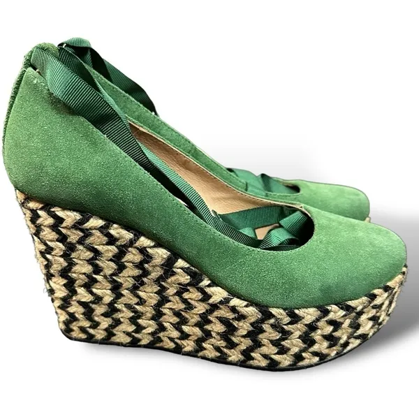 Free People Suede Lace Up Charade Espadrille Wedge Heels Green Size 36 US 5.5 - Image 3