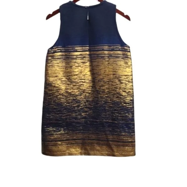KOCH Navy Blue Gold Metallic Jacquard Sleeveless Shift‎ Mini Dress Size Small - Image 3