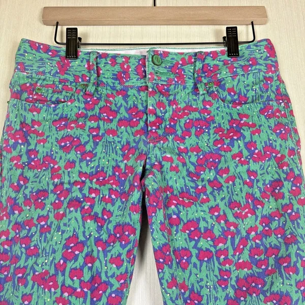 Lilly Pulitzer Worth Skinny Mini Pants Green Pink Floral Ankle Size 0 - Image 5