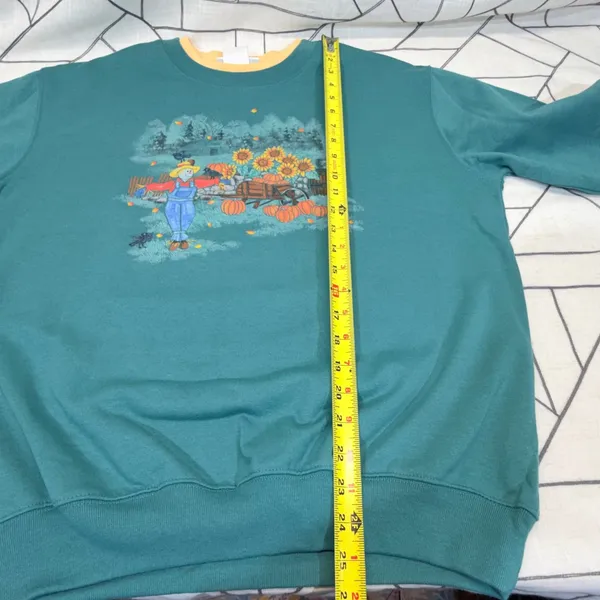 Country Store Sweatshirt Large Teal Green Autumn‎ Scarecrow Pumpkin Sunflower - Image 6