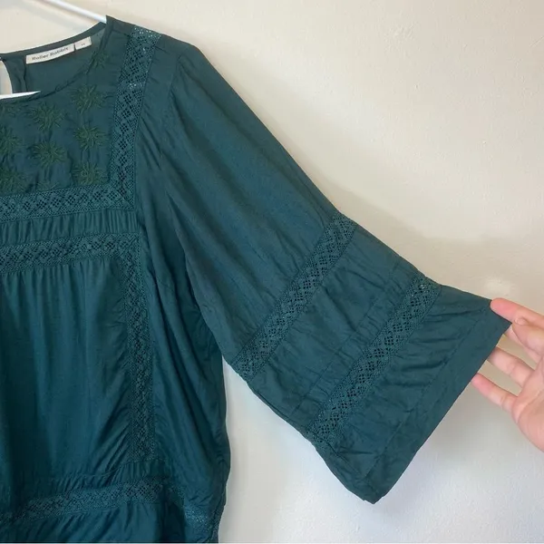 ROLLER RABBIT Embroidered 3/4 Sleeve Viscose Blouse in Emerald Green Sz XS - Image 5