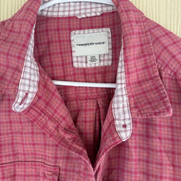 American Eagle Cropped Pink Cozy Plaid Flannel Button Down - Image 2