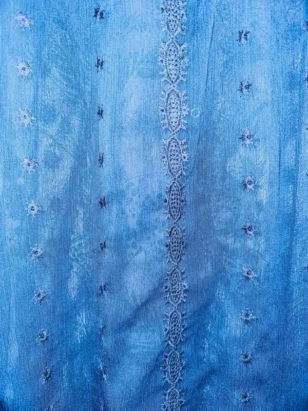 Democracy Navy Blue Sheer Embroidered V-Neck Blouse - Image 3