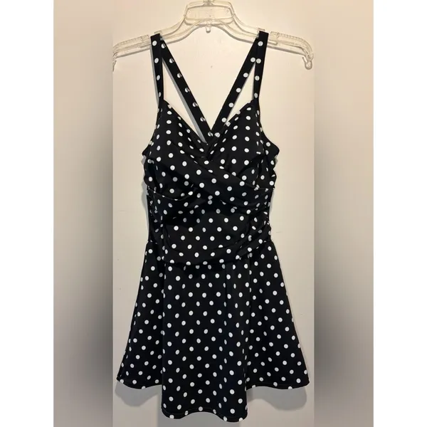d&co beach One Piece Polka Dots Criss Cross Back Ruch Chest Swim Dress Size 12P - Image 2