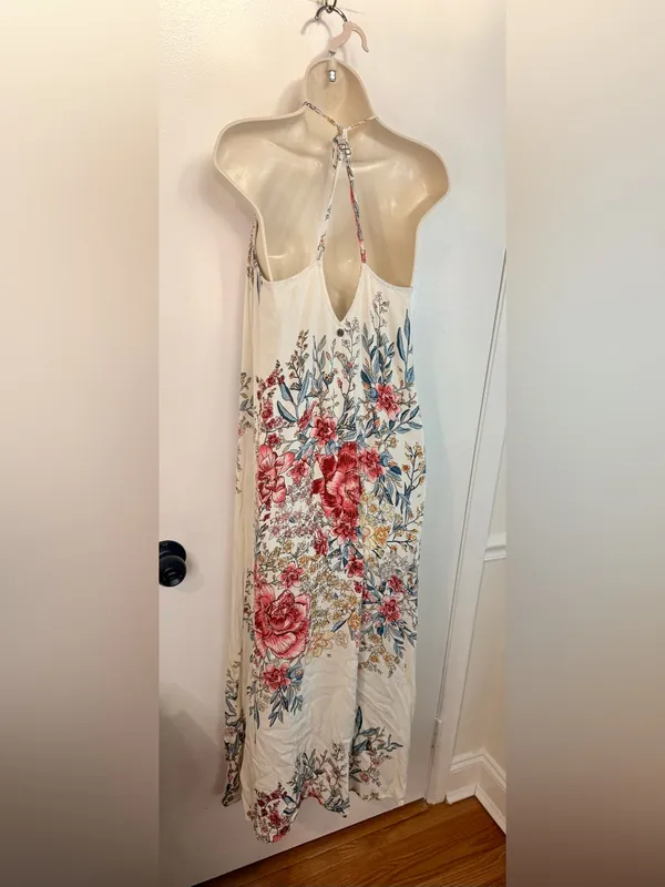 Billabong XS San Sebonne Floral Halter Maxi Dress Ivory Pink Crinkle Open Back - Image 10