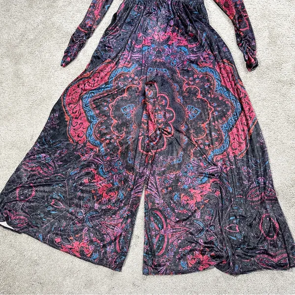 Free People Women’s Giselle Velvet Jumpsuit V-Neck Wide Leg Fairy Dark Combo L - Image 10