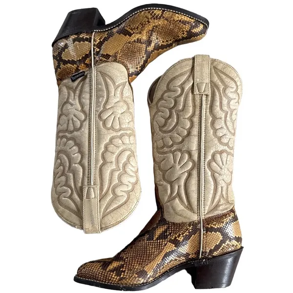 Vtg 70s 80s Capezio Snakeskin Cowboy Boots Cream Leather Western Cowgirl 5.5 USA - Image 5