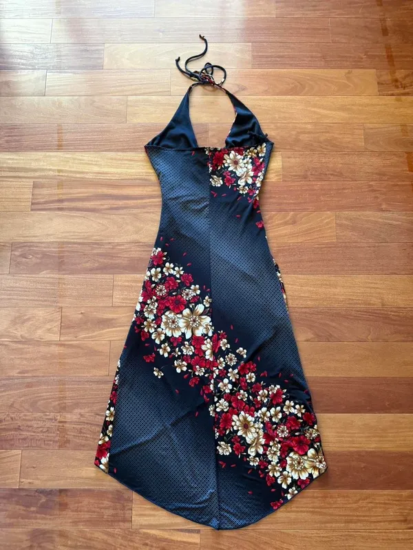 Y2K Knitenjin Black and Red Floral Halter Dress - Image 3