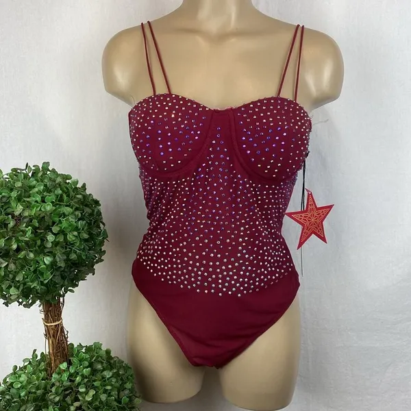 Haute Monde Burgundy Red Rhinestone Embellished Body Suit NEW M - Image 2
