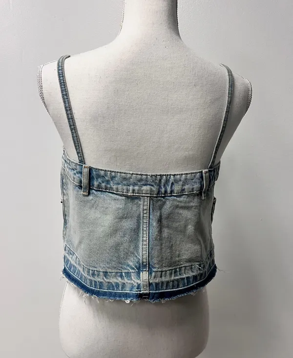 ZARA NWT Cropped Denim Jean Top Distressed w/ Spaghetti Straps Light Blue Wash - Image 4