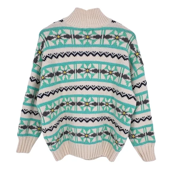 American Eagle Fair Isle Snowflake Sweater Womens‎ Small Teal Cream Knit Boho - Image 4