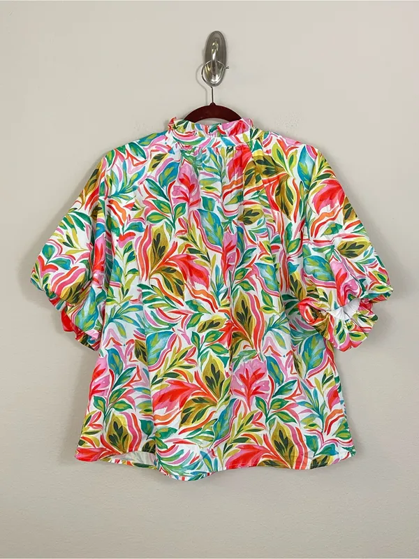 THML Floral Tropical Puff Sleeve Ruffle V Neck Top Size XL - Image 6
