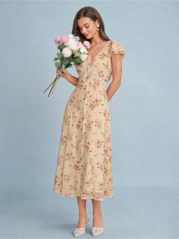 Rihoas Yellow Butterfly Sleeve Tie Floral Midi Dress - Image 2