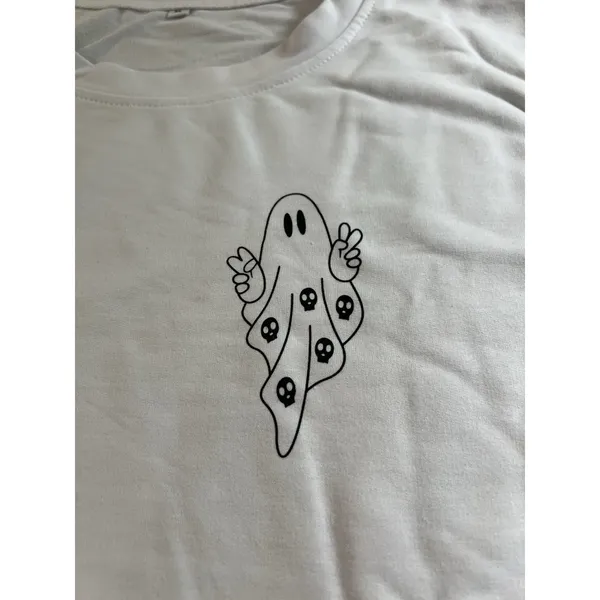 Women's XL‎ Lightweight Long Sleeve Sweatshirt Crewneck Ghost Halloween White - Image 2