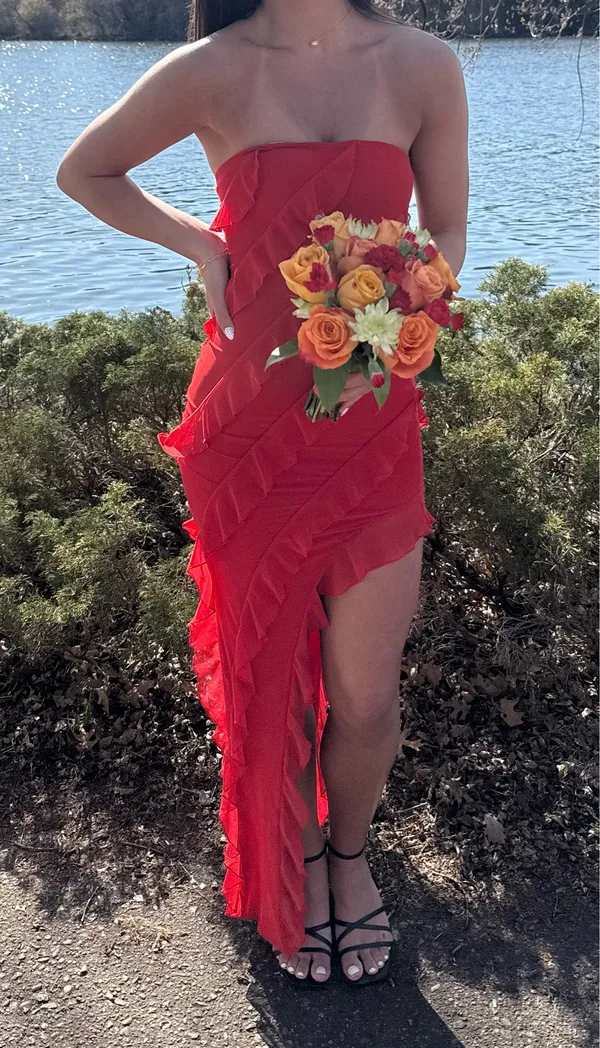 Oh Polly Nevali Bandeau Ruffle Maxi Dress Red - Image 3