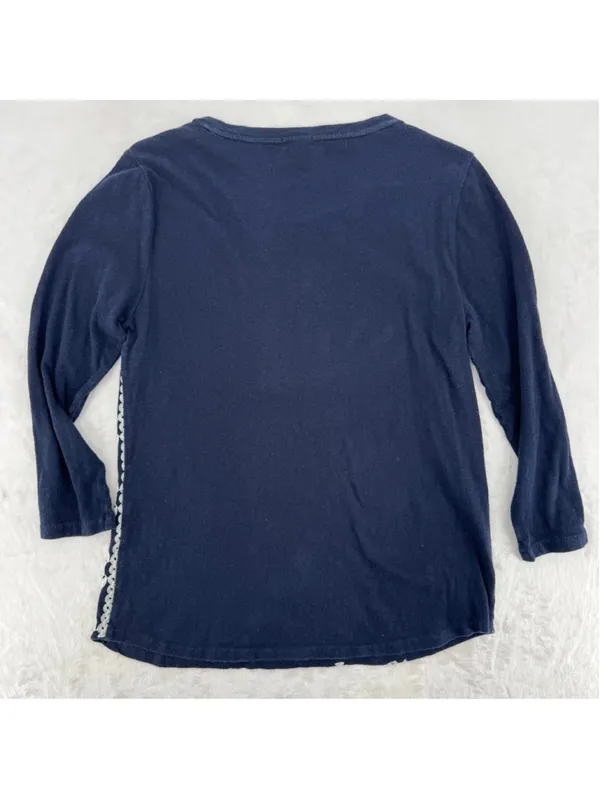 J Crew Lightweight Sweater Navy Blue Cream Embroidery Preppy Daisy Size Medium - Image 3