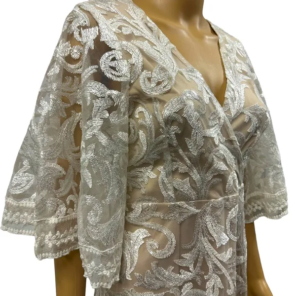 Lulus Celebration Hour Cream Lace Sequin Embroidered Zip Back Mini Dress Medium - Image 3