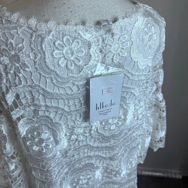 hlkodo White Floral Lace Shift Dress V-Neck Flutter Sleeve XL Cottagecore - Image 5