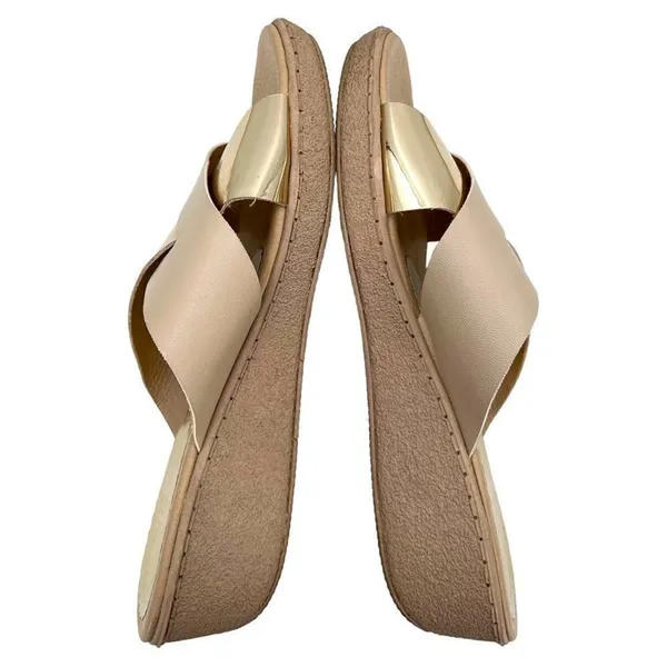 Sary Metallic Gold and Beige Tan Open Toe Wide Strap Slide Sandal Size 7 - Image 4
