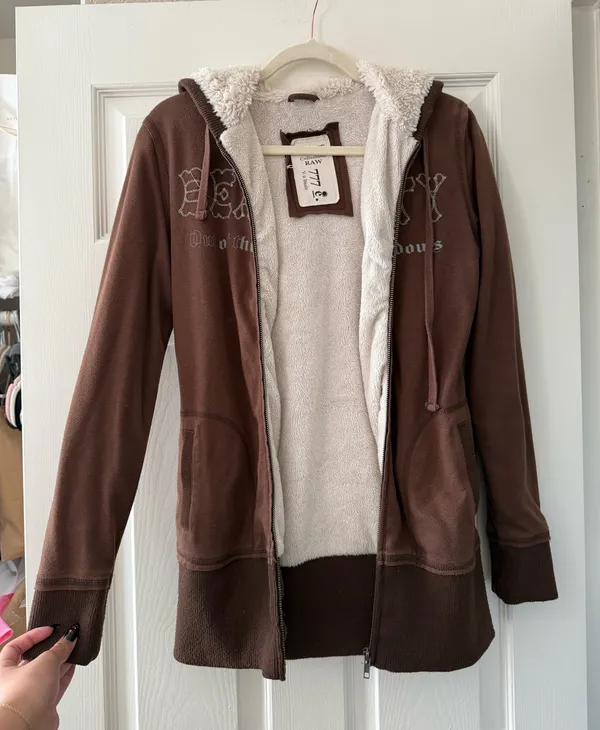 Y2K Brown Faux Fur Lined Hooded Zip Up - Image 4