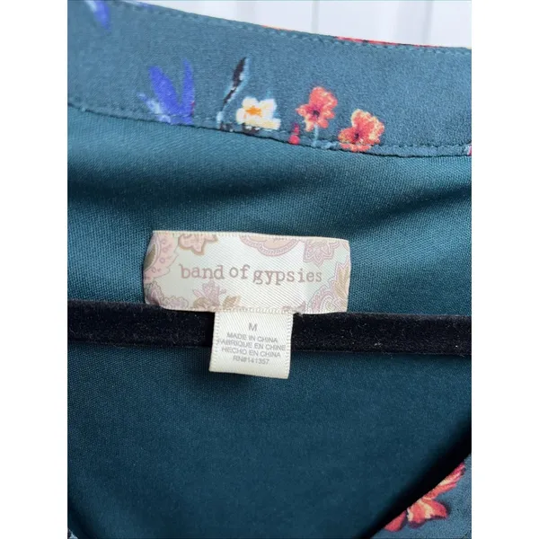 Band of Gypsies Floral Ruffle Bodysuit‎ Womens Size M Teal Boho Bell Sleeve Wrap - Image 4