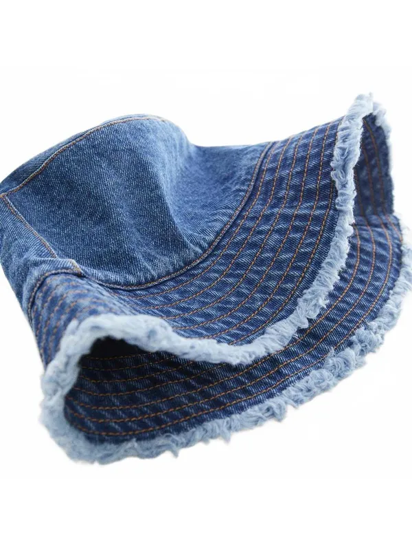Mango Cotton Frayed Denim Bucket Hat NWT Blue - Image 3