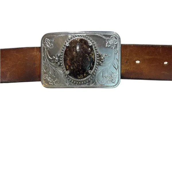 vintage-style Western belt buckle with a large oval agate cabochon stone 32 - Image 3