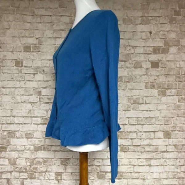 Garnet Hill Sweater M Blue Cashmere Cardigan Long Sleeve Minimalist Peplum - Image 4