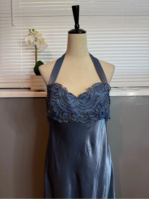 Dave & Johnny Size 12 Blue Satin Beaded Halter Formal Gown Y2K Prom Dress - Image 5