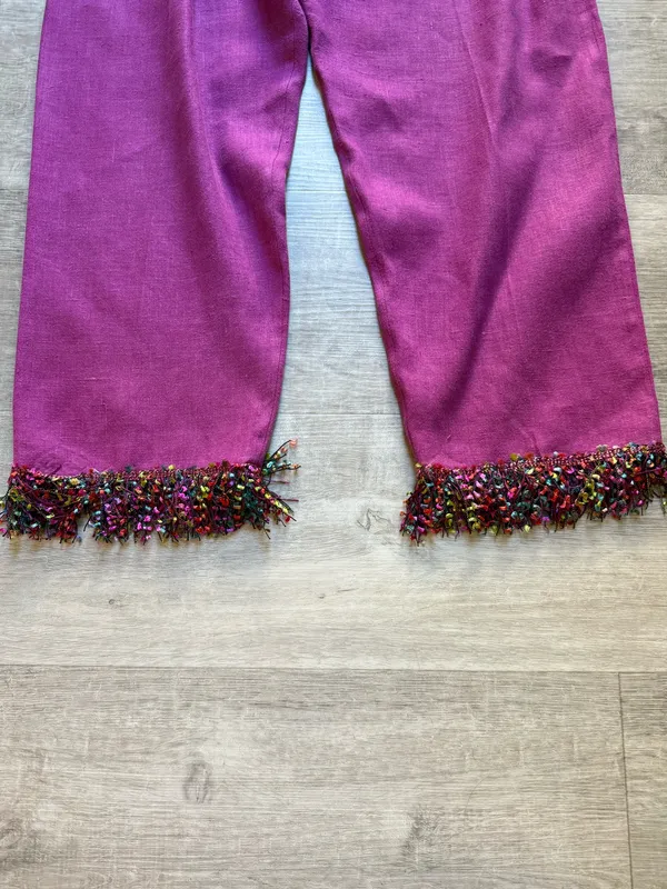 VTG T. Elliot 100% Linen Shirt And Pants Set Size S Colorful Fringe Art To Wear - Image 10
