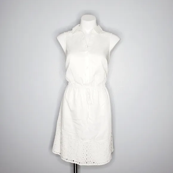 Elle White Eyelet Cotton Shirtdress Sleeveless Button Down Drawstring‎ Mini Sz S - Image 5