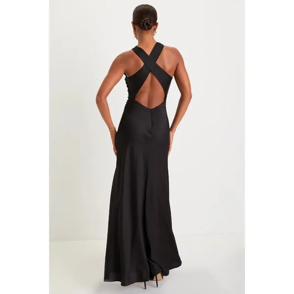Lulus Effortlessly Sensational Black Satin Backless Maxi Dress High Neck L - Image 4