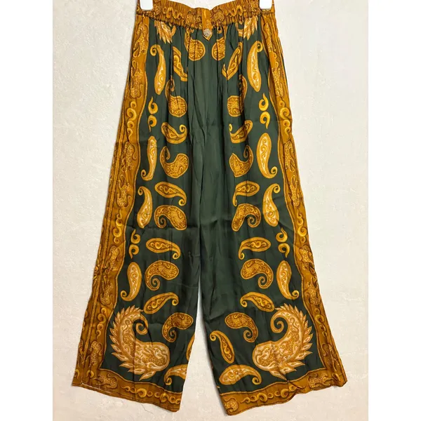 Farm Rio x‎ Anthropologie Printed Wide-Leg Pants Green Gold Paisley silky flowy - Image 11