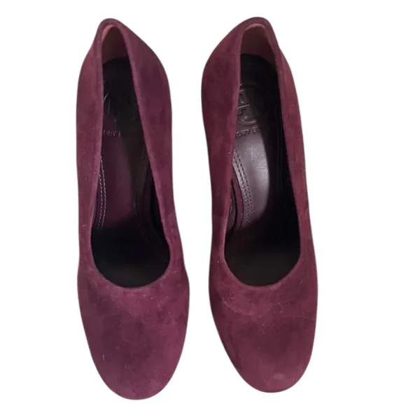 Tory Burch Lucia Pumps Women's 6.5 Burgundy Purple Fig Suede Sculpted Heel - Image 2