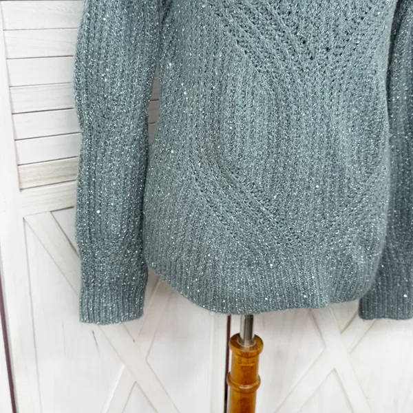 Nine West Scalloped Sleeve‎ Sequin Shimmer Sweater Sage Green Silver XS - Image 6