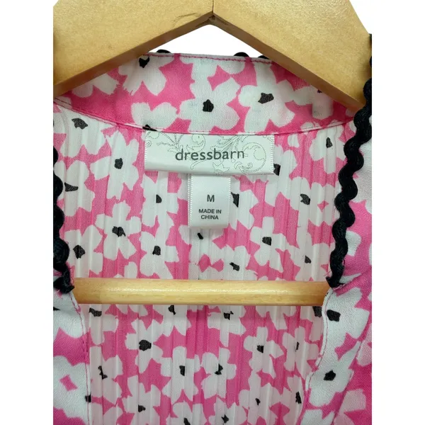 Dressbarn Pink Floral Pleated‎ Ruffle Button Blouse Romantic Cottagecore M - Image 4