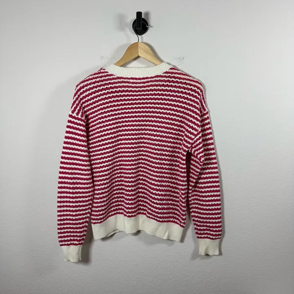 Spiritual Gangster Women’s Chunky Knit Striped Crewneck Sweater Pink/White XS - Image 11