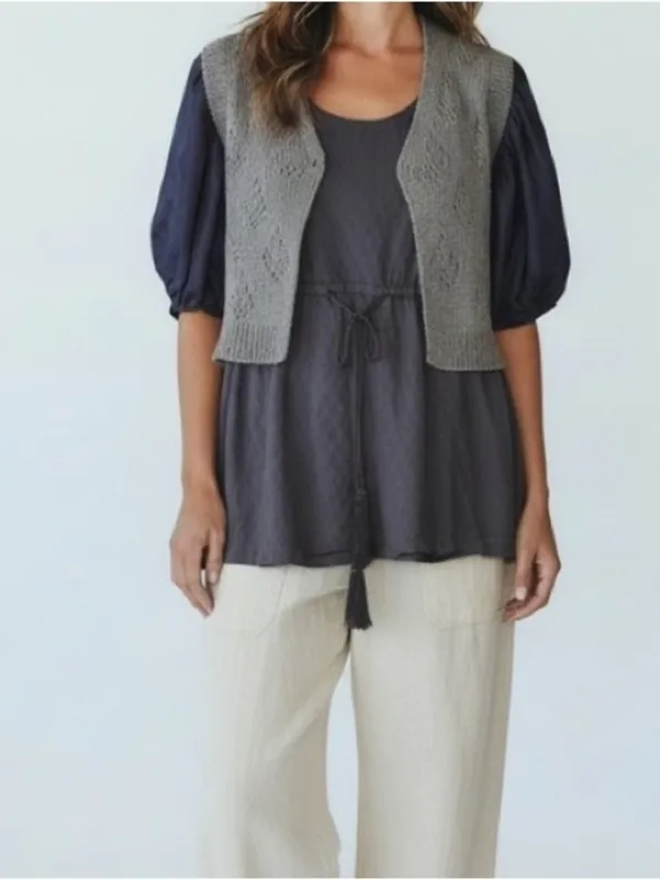 Anthropologie Deletta Elegant Blue puff sleeve belted tassle Top silk cotton - Image 5