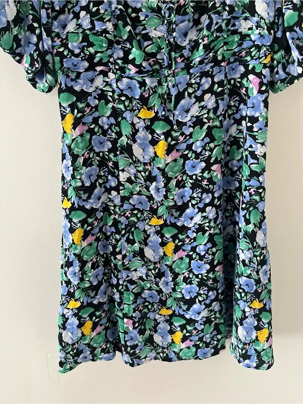 Blue Green Floral Puff Mini Dress Medium Romantic Cottagecore Summer Going Out - Image 3